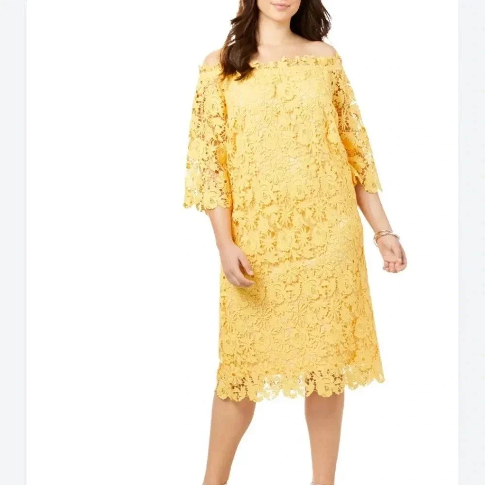 Roamans Off-The-Shoulder Lace Dress Plus 26W Butter Yellow Crochet Mother Bride